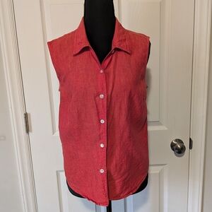 Casual Corner Sleeveless Button-Front Red Linen-Blend Shirt